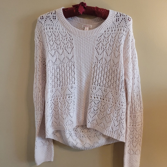 4/$15 SALE Xhilaration | Pale Pink Knit Crochet Sweater EUC Medium Open Back - Picture 2 of 8